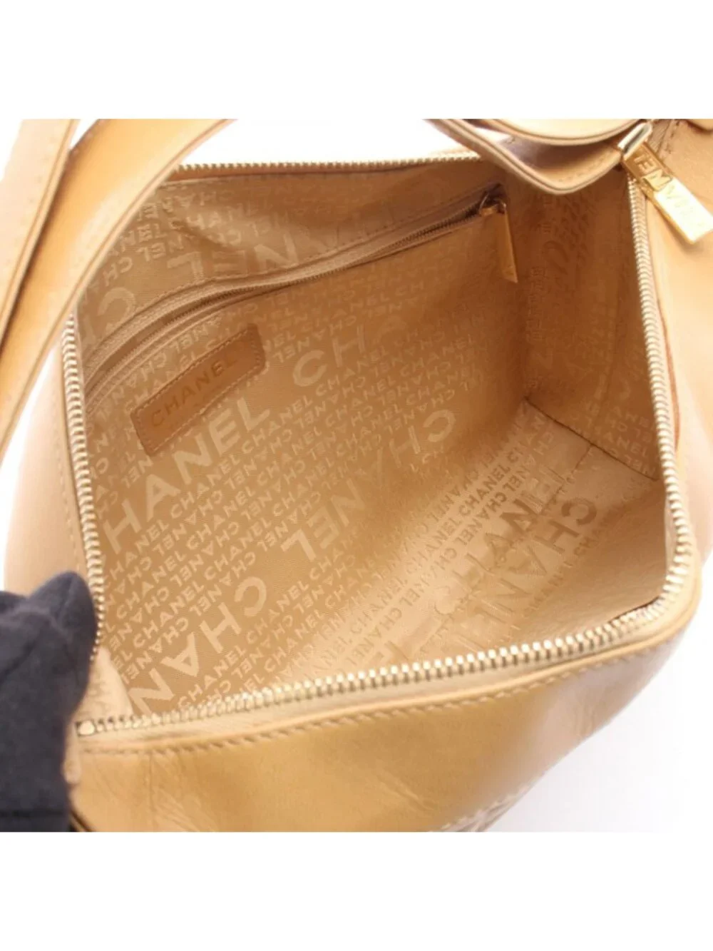 Chanel Shoulder Bag Choco Bar CC Logo Beige Leather